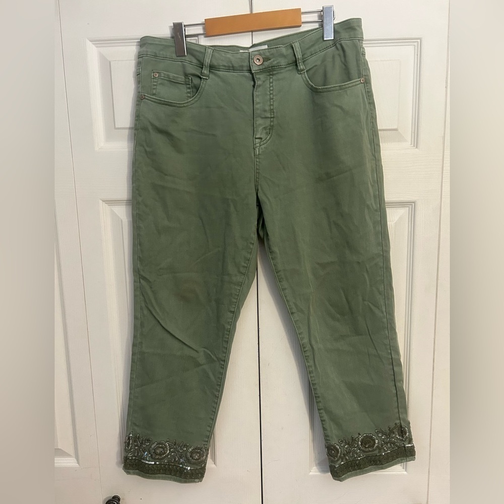 Tribal Jeans Y2K Green Cotton Bohemian Pants with Embellished Hems 14